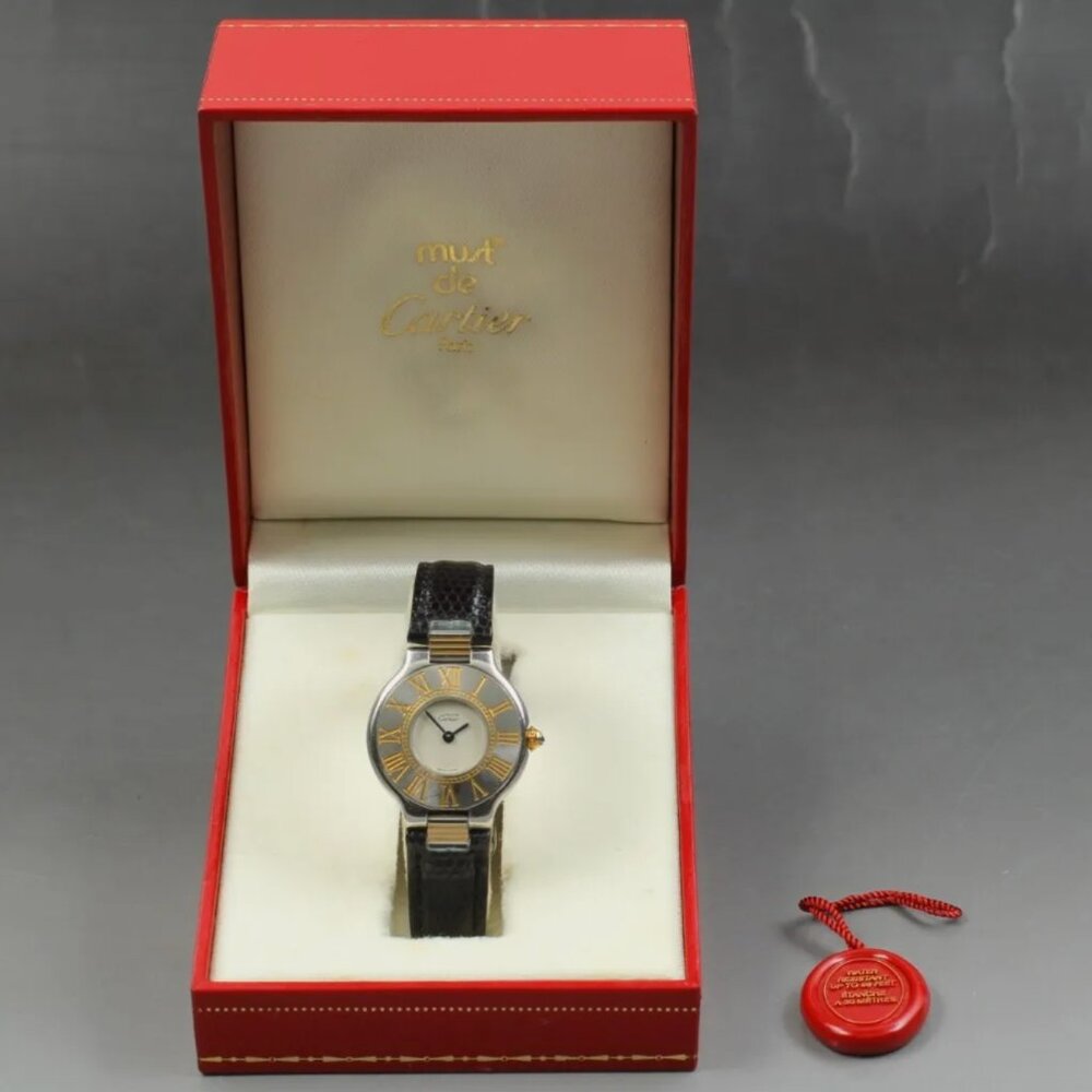 Near Mint Cartier Black Strap Ladies Gold Watch with Box + Hang Tag!!